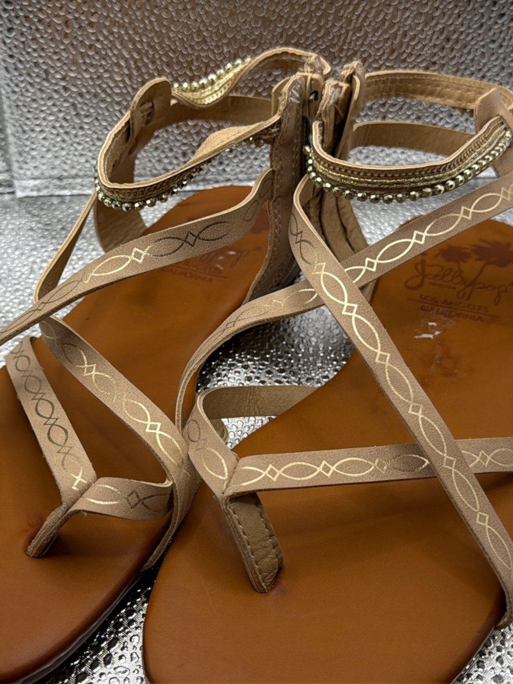 Jellypop Strappy Sandals Size 7 Tan Neutral Summer Sandals Zip Back Flat